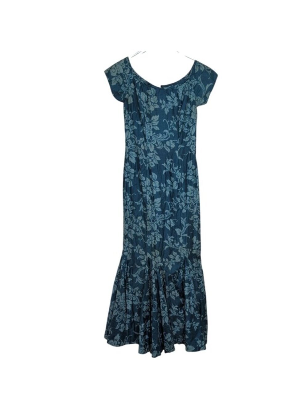 Vintage Stan Hicks Hawaiian Floral Mermaid Maxi Dress Womens Size Medium Blue